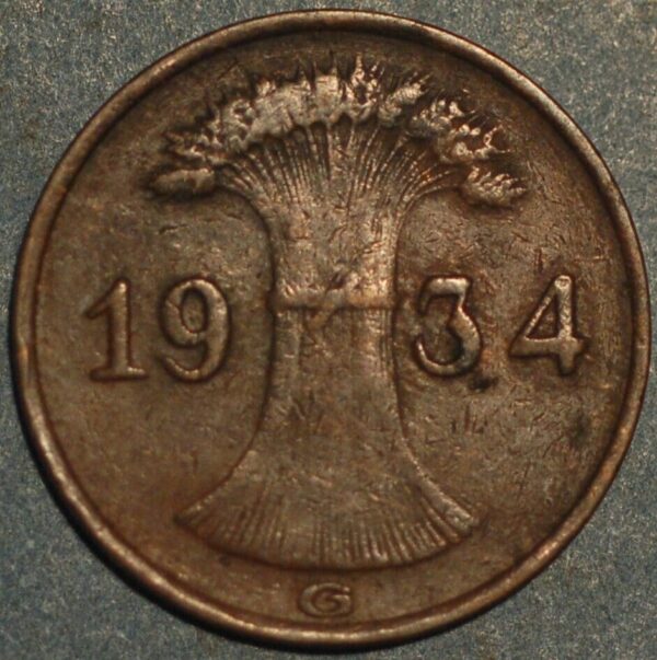 Germany Weimar Republic 1 Reichspfennig 1934 G KM# 37 - Image 2