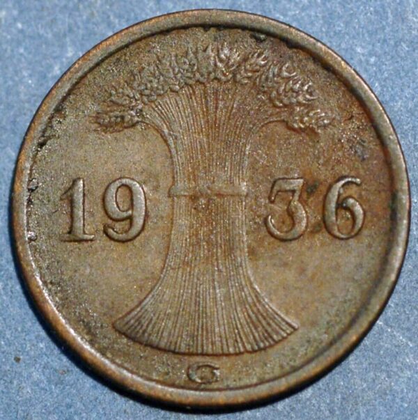 Germany Weimar Republic 1 Reichspfennig 1936 G KM#37 - Image 2