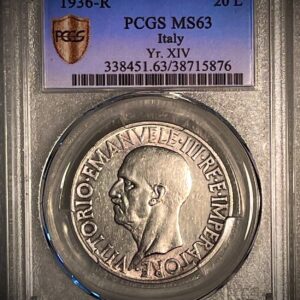 Italy Vittorio Emanuele III 20 Lire Anno XIV (1936)-R Rome mint PCGS MS63