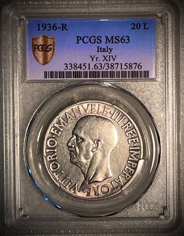 Italy Vittorio Emanuele III 20 Lire Anno XIV (1936)-R Rome mint PCGS MS63