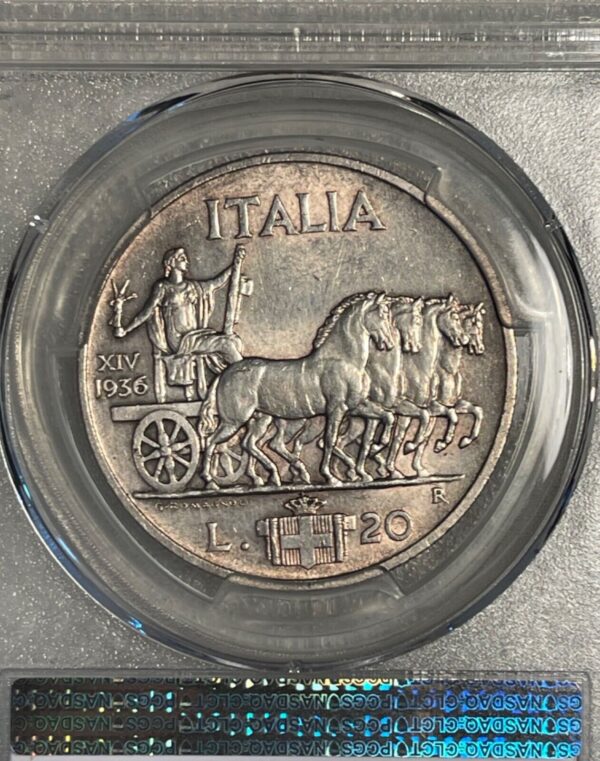 Italy Vittorio Emanuele III 20 Lire Anno XIV (1936)-R Rome mint PCGS MS63